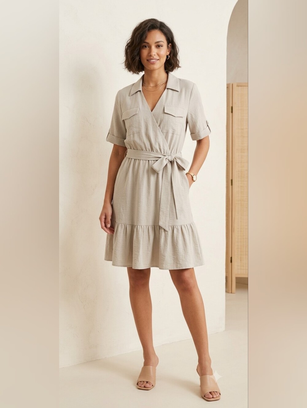Adrienne Vittadini Cream Textured Short-Sleeve Wrap Midi Dress